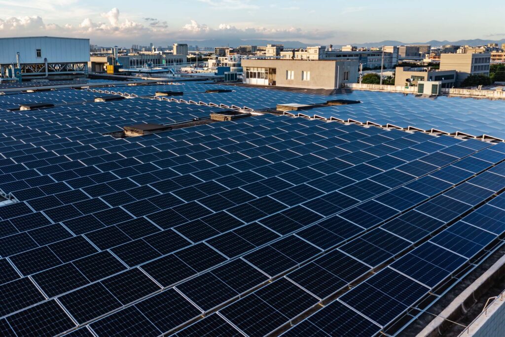 Photo: An urban roof covered in solar panels
