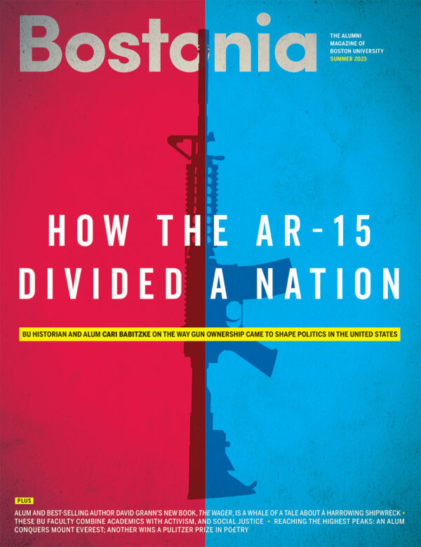 Image: Cover of the Bostonia Magazine Summer 2023 Edition. Half red and half blue, the silhouette of an AR-15 is shown in the middle. "Bostonia" is shown in large grey letters at very top. Large text in white reads "How the AR-15 Divided a Nation". A small yellow banner under the title reads "BU Historian and alum Cari Babitzke on the way gun ownership came to shape politics in the United States". At the very bottom in small, white text are the titles of other feature stories in the magazine.