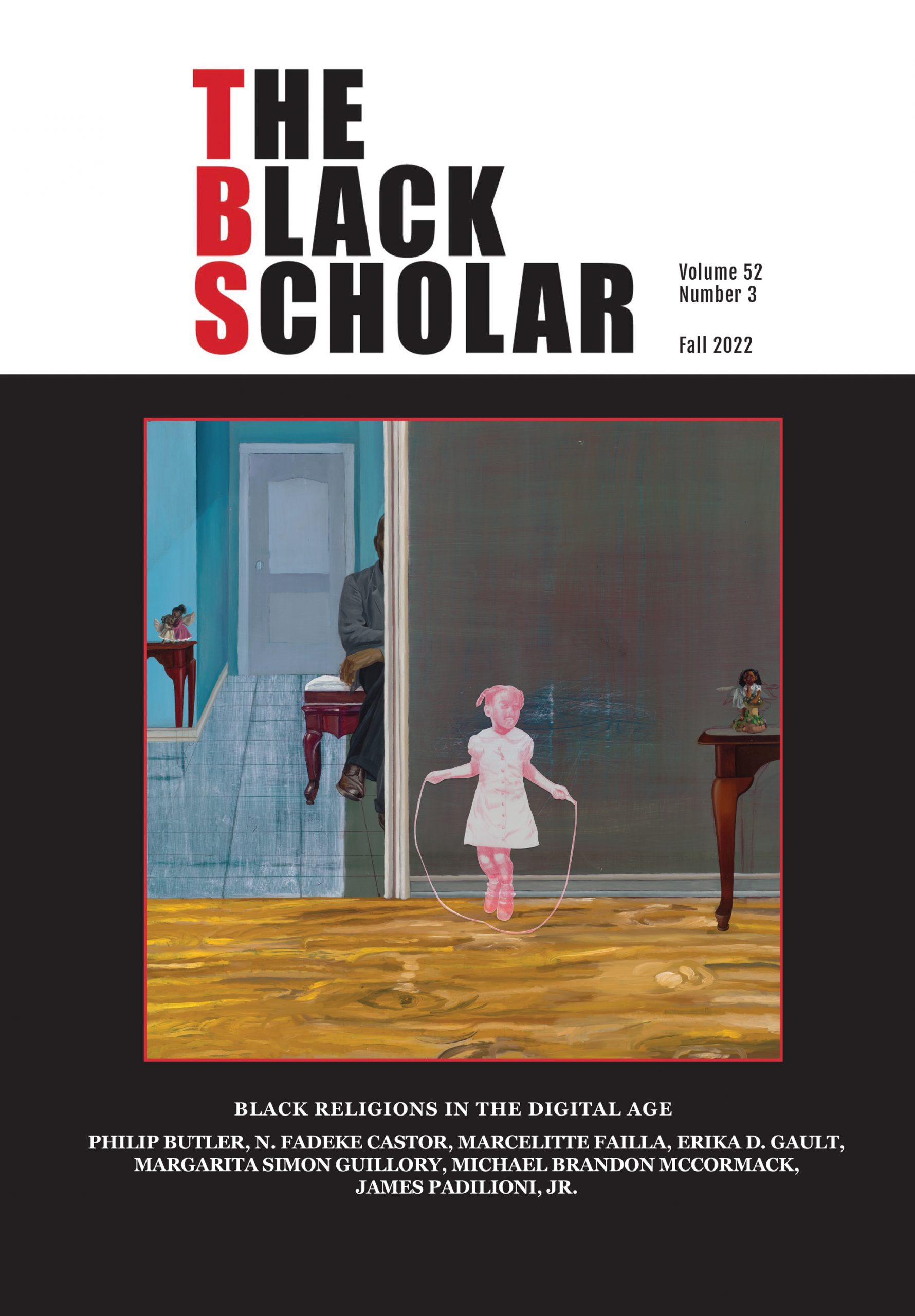 Cover of The Black Scholar, Vol 52 Number 3. Features an art piece of a young girl jumping rope inside a house.