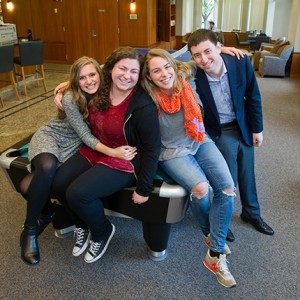 When Hillel House is a home: Erin Miller (CAS’17), chair of Hillel’s student board (from left), Jordan Rozenfeld (Questrom’17), Brittney Badduke (COM’17), and Danny Hochberg (Questrom’16), at the Florence & Chafetz Hillel House. Photos by Cydney Scott
