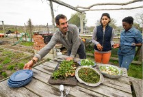 Chris Fischer serves a locally sourced dinner prepared with the help of Boston University Gastronomy students at Beetlebung Farm