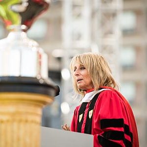 Bonnie Hammer, chair of NBCUniversal Cable Entertainment Group, delivers the commencement address at the 2017 BU Commencement