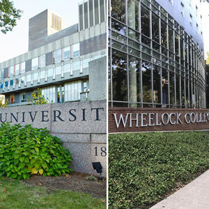 Composite image showing signs at Boston University and Wheelock College