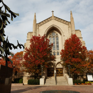 An Autumn view of Marsh Plaza and Marsh Chapel at Boston University