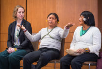 Julie Klinger, Pardee assistant professor of international relations (from left), with Yanomami women’s leaders Floriza da Cruz Pinto and Maria de Jesus Lima, speaking at BU Hillel about struggles over indigenous lands in the Brazilian Amazon. Photo by Jackie Ricciardi