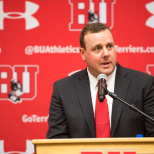 “I wish the season started tomorrow,” Albie O’Connell said while being introduced as BU hockey’s new men’s head coach at a press conference at Agganis Arena on Wednesday. Photo by Cydney Scott