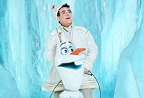 Frozen Broadway cast portrait of Greg Hildreth in costume as Olaf in Frozen, the Broadway Musical