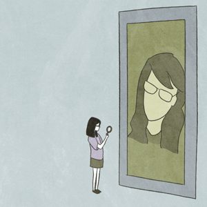 Lost and Found: Ao Shen, China. Still from the animation of a girl looking at herself in a looking glass