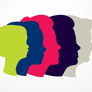Aging concept graphic showing the silhouette of a woman's head from little girl to senior woman.