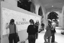 Last year, the BU community was drawn together to share thoughts and reflections about the terrorist attacks on September 11, 2001, at the We Remember memorial outside Marsh Chapel. This month the wall of remembrance will be on view once again on Marsh Plaza, with an added section for new messages. Photo by Kalman Zabarsky