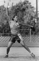 Shannon Downey (SED'94,'97), who led the 1992 and 1993 Terrier softball teams to consecutive conference titles, will be inducted into BU's athletic Hall of Fame on Saturday, October 5. Downey, shown pitching last month at an alumni varsity game held at BU, had an impressive collegiate career, with 56 complete games, 19 shutouts, 544 strikeouts, 51 wins, and a 0.66 ERA. Photo by Kalman Zabarsky
