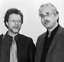 Ode to Agni: Sven Birkerts (left) formally assumed editorship of Agni, taking over for retiring magazine founder Askold Melnyczuk (beside him) at the literary magazine’s 30th anniversary celebration, held on October 30. Melnyczuk (GRS’78) started the prestigious literary journal in 1972; it has been published at BU since 1987.   Photo by Phoebe Sexton (UNI’06)