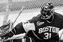 Sean Fields (CAS'04) makes one of 35 saves in the crucial third game of the Hockey East quarterfinal series against BC. Fields' play in goal helped the Terriers clip the wings of the Eagles  he stopped 100 of 108 shots on goal and was named the Hockey East Defensive Player of the Week. Photo by Phoebe Sexton (COM'06) 