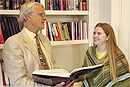 David Campbell speaks with archaeology major Danielle Carr (CAS06). Photo by Fred Sway