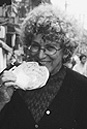 Professor Merry White, eating Chinese Muslim bread in Shanghai, 2003; students take culinary tours of Boston in her anthropology course. Photo courtesy of Merry White
