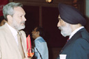 Gerald Keusch, SPH associate dean for global health and a professor of international health (left), chats with Analjit Singh (SMG77, GSM79) after a lecture on September 15 in Mumbai by U.S. Ambassador to India David C. Mulford (GRS62), sponsored by the BU Alumni Association of India. Keusch also is Medical Campus assistant provost for global health and a MED professor of medicine. This month, he became U.S. chairman of a National Institute of Allergy and Infectious Diseases working group overseeing a bilateral Indo-U.S. vaccine program. Singh is chairman of Max India Limited, a multibusiness corporation that aims to create an integrated health-care system in India. Photo courtesy of Stacylee Kruuse