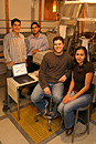Alexei Gaidarzhy (ENG06) (from left), Pritiraj Mohanty, a CAS assistant professor of physics, Robert Badzey (GRS05), and Guiti Zolfagharkhani (GRS06). Photo by Vernon Doucette