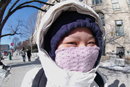 Undercover. Behind layers of yarnwork, Carolina Chang (COM06) breathed comfortably when temperaturs dipped to 22 degrees on January 18. Photo by Vernon Doucette.