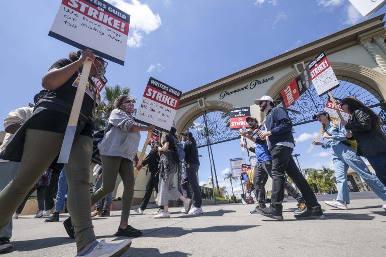 Members of the Writers Guild of America picket outside Paramount Pictures on May 5, 2023, in Los Angeles