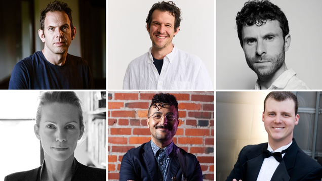 A six-photo collage featuring Boston University College of Fine Arts’ newest faculty members, each shown from the chest up. The top row shows three individuals: one wearing a dark blue T-shirt against a softly lit indoor background (Yotam Haber), one in a white button-up shirt with a black undershirt in front of a plain white backdrop (Jim Fagan), and one in a light-colored shirt with a neutral gray background (Matthew Aucoin). The bottom row shows three more individuals: one in grayscale with light hair, seated indoors near bookshelves with bright window light behind (Anna Schuleit Haber); one wearing a dark patterned shirt and dark blazer against a brick wall (Dan DiPiero); and one dressed formally in a black tuxedo jacket, white shirt, and black bow tie standing outdoors in front of metallic paneling (Joshua Roach).