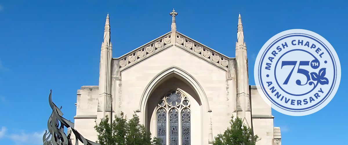 The chapel with a bright blue sky and a blue and white logo for the chapel's 75th anniversary