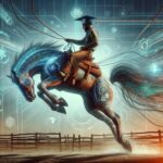Cowboy riding bucking bronco in corral with technology symbols and imagery in background.