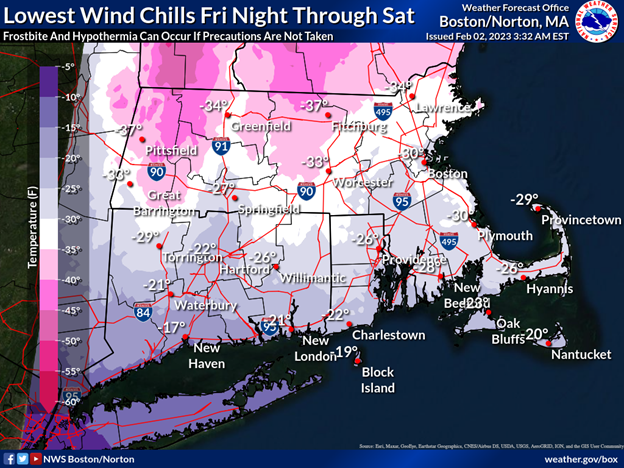 Windchill map of New England for Wind Chill Warning Friday, February 3, 2023 - Saturday, February 4, 2023