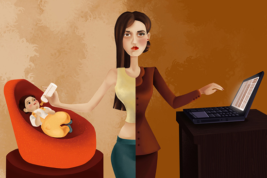 Illustration of mother feeding baby with bottle while typing on laptop.