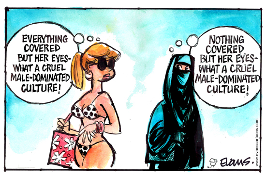 A cartoon depicting two females, one in a burka an one in a bikini, judging each other for the amount of skin that is covered or uncovered.