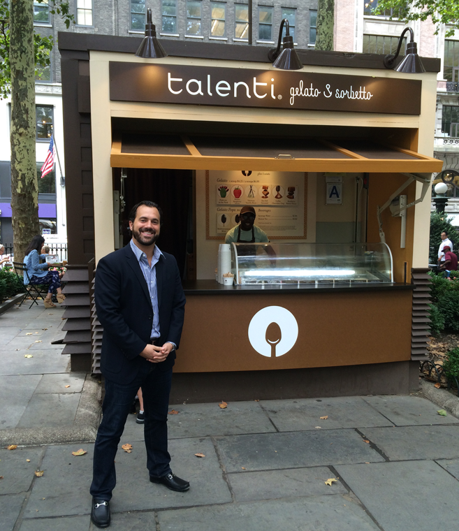 josh hochschuler, founder of talenti gelato, standing in front of a talenti pop up in bryant square, NY