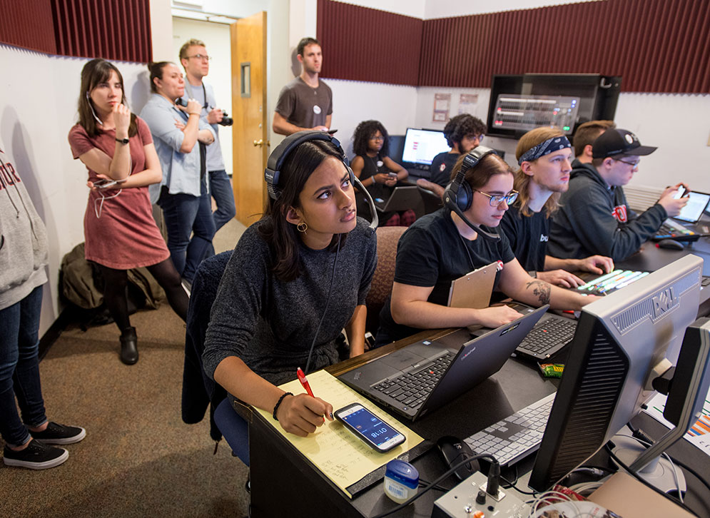 BUTV News co-directors Naba Khan and Marissa Dianas direct the crowded control room in the College of Communication Studio West for their midterm election night coverage.