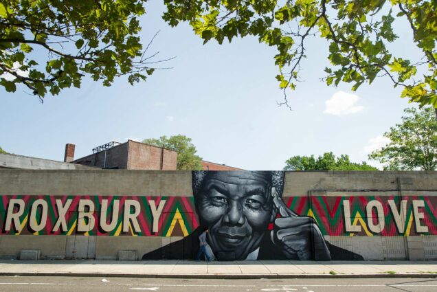 Photo of The Nelson Mandela mural, at the intersection of Warren and Clifford Streets on a sunny day.