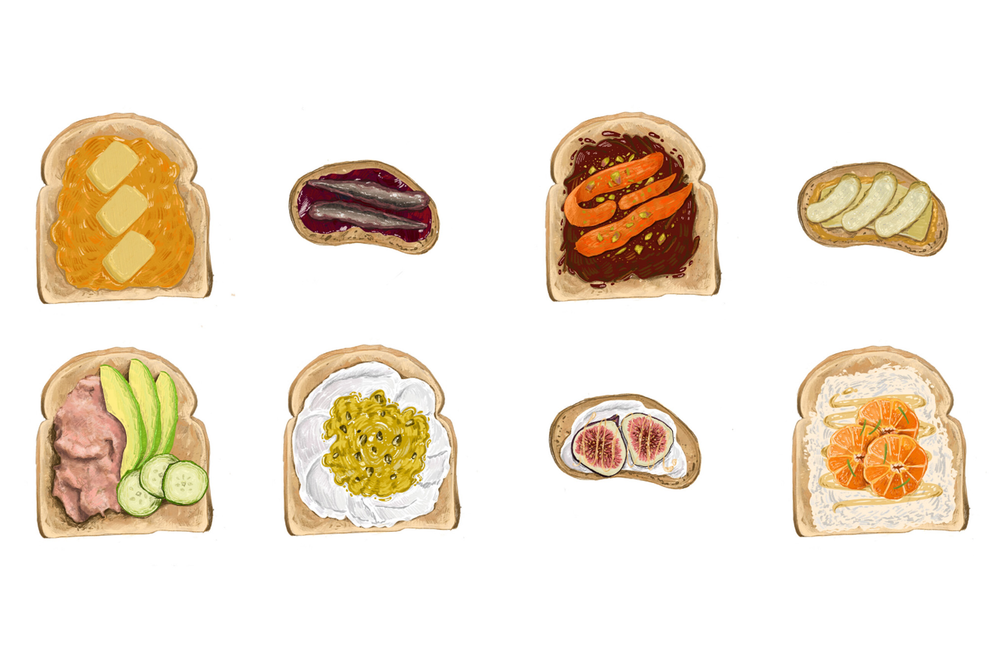 An illustrated series of six different toasts, some have butter and jam, others have cucumber and tuna, on a white background.