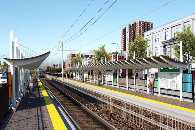 Un rendering della stazione aggiornata della linea verde del West Campus su Commonwealth Ave.