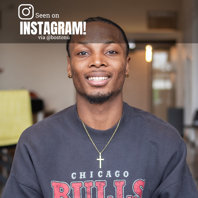Photo: A picture of a man smiling for the camera. He is wearing a Chicago Bulls long-sleeve shirt and a cross necklace. Text overlay reads: "Seen on Instagram via @BostonU"