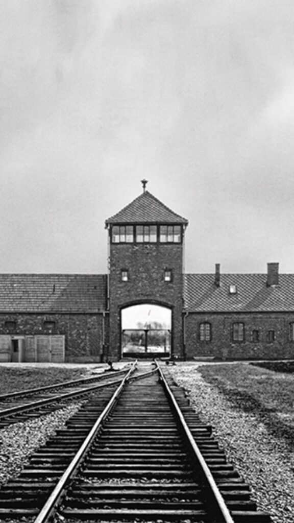 Photo: Train tracks leading to the entrance of Auschwitz.