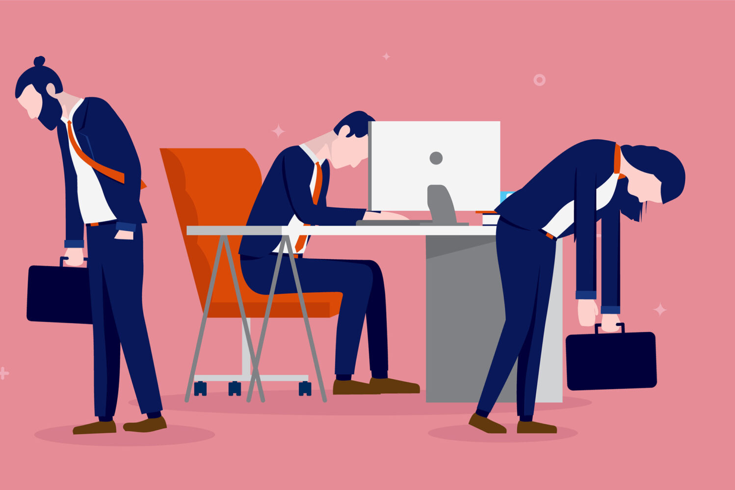 Photo: A drawing of three workers looking depressed. One in the middle sits at a desk, slumped in front of a computer. The other two are walking in opposite directions with suitcases