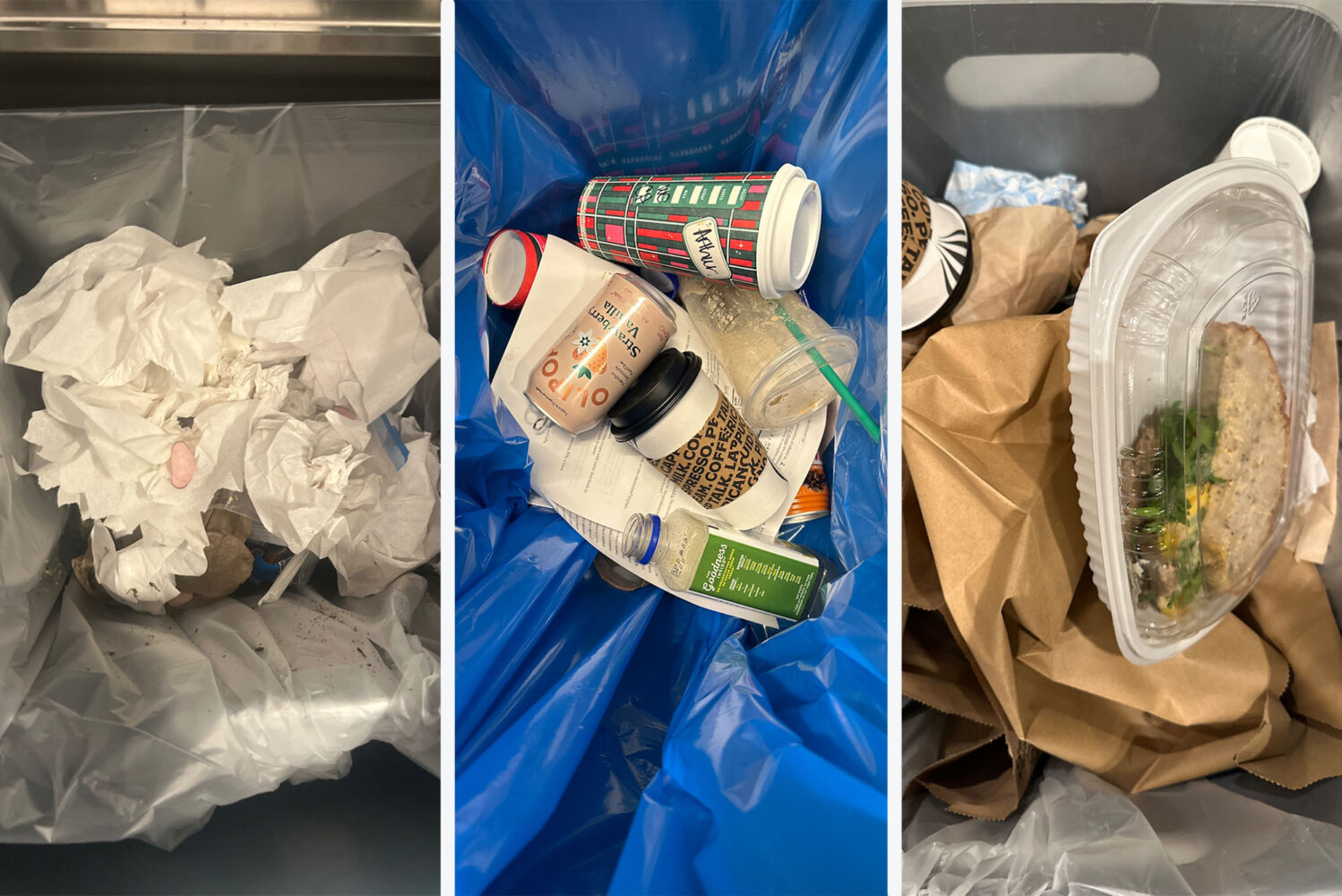 Photo: Composite image of multiple recycling bins. Coffee cups, food waste, and paper towels and napkins are among the nonrecyclables that contaminate BU recycling bins