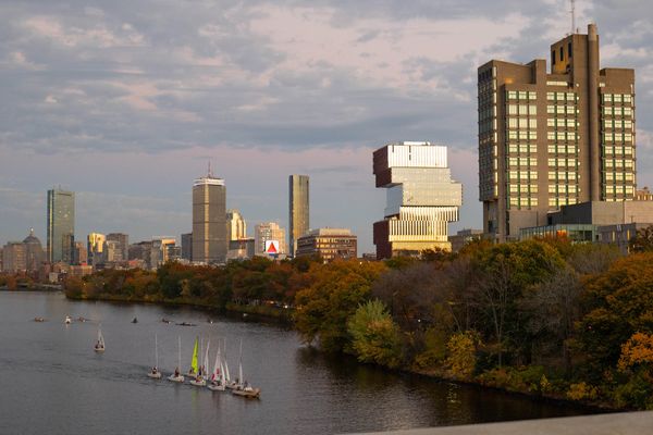 Photo: A wide shot of BU's campus in the fall as the sun sets.