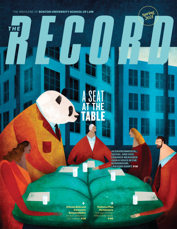 The Record, spring 2021 issue cover: An illustration of 4 people from different backgrounds and walks of life sit around a leaf-shaped board table with a panda, who wears a business suit