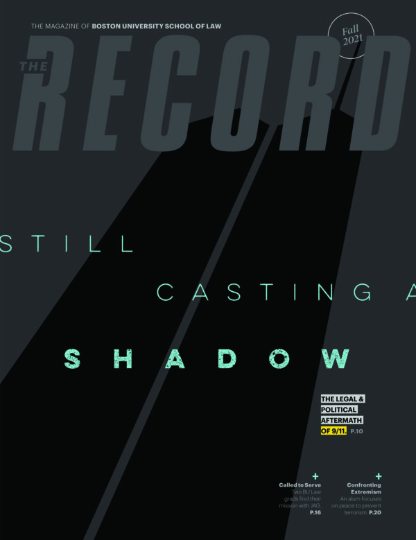 The shadows of the World Trade Center towers with a text overlay reading "Still Casting a Shadow"