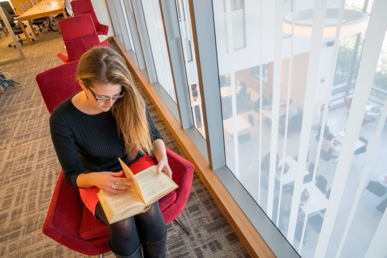 Aerial view of student studying by a window in the Law Library