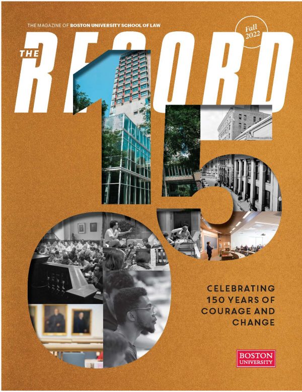 The cover of the fall 2022 issue of The Record magazine: a bronze metallic page with the numbers "150" cut out, through which both color and black and white images are visible on a page underneath