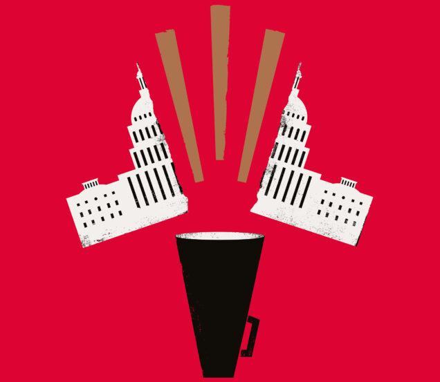 An illustration of a vintage megaphone splitting the US Capitol building in half against a red background