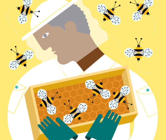 An illustration of a beekeeper swarmed by digital bees