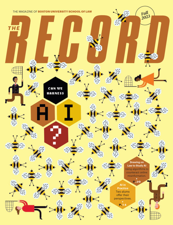 The cover of the fall 2023 issue of the Record: An illustration of digital bees being wrangled by four people with nets against a yellow background. The headline reads: Can We Harness AI?