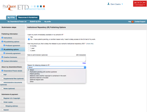 ETD Admin Screenshot Page 4: IR Publishing Options