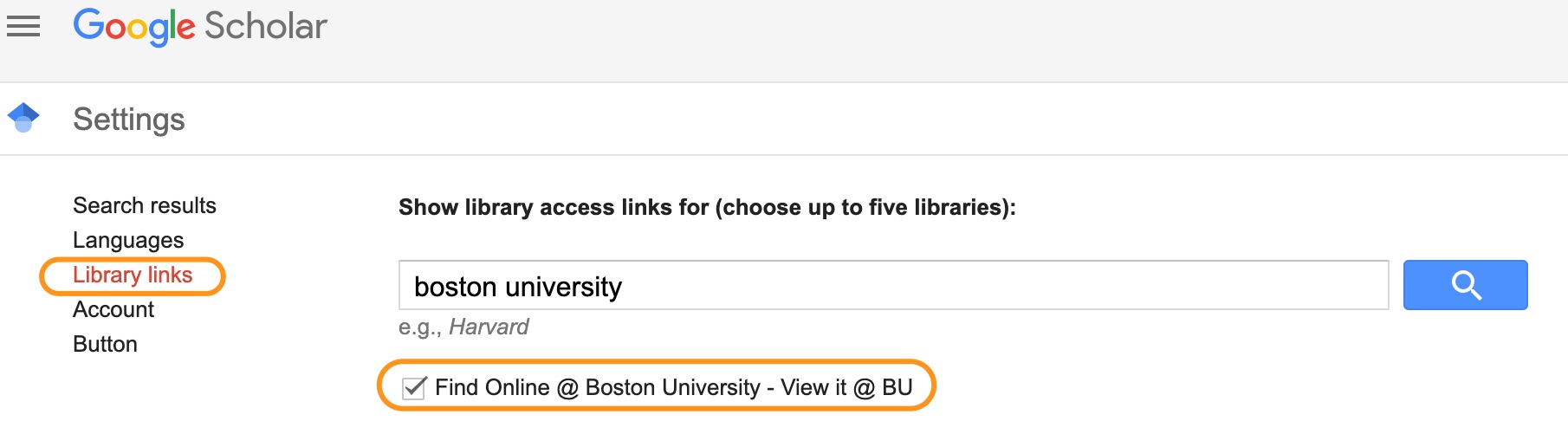 google scholar library links setting