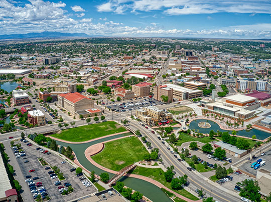 An aerial photo of downtown Pueblo, Colorado