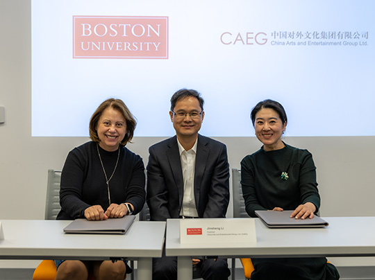 MET Dean Tanya Zlateva poses with CAEG President Jinsheng Li and Qingqing Zhou, CAEG’s employee director and deputy general manager of CPAA Theatres